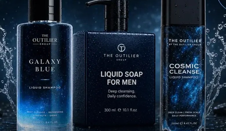 Champú Galaxy Blue, jabón líquido para hombre y champú Cosmic Cleanse de The Outilier Group sobre agua